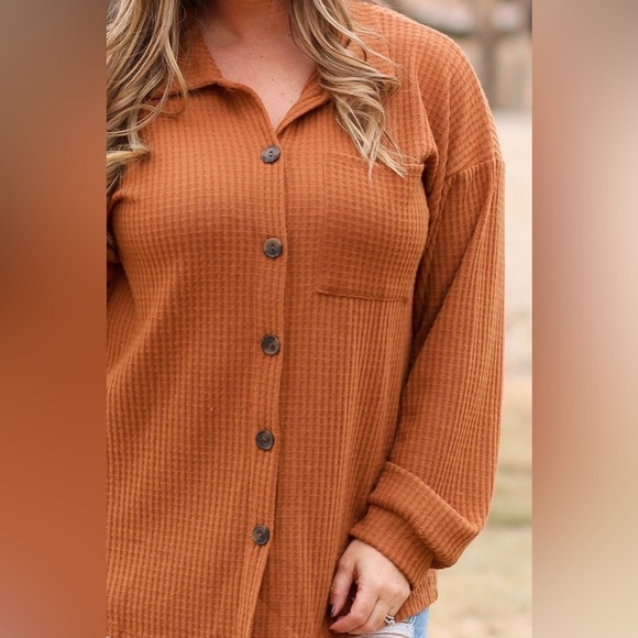 Plus Size Waffle-Knit Button Up Shirt - Picture 2 of 3